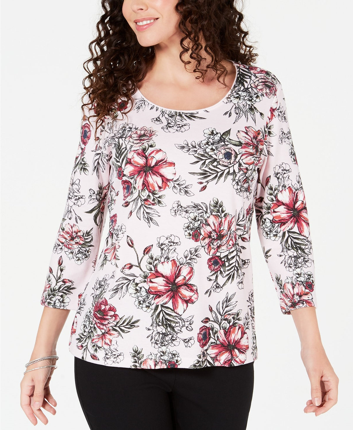 Karen Scott Women's Petite Printed Scoop-Neck Top Red Size 44