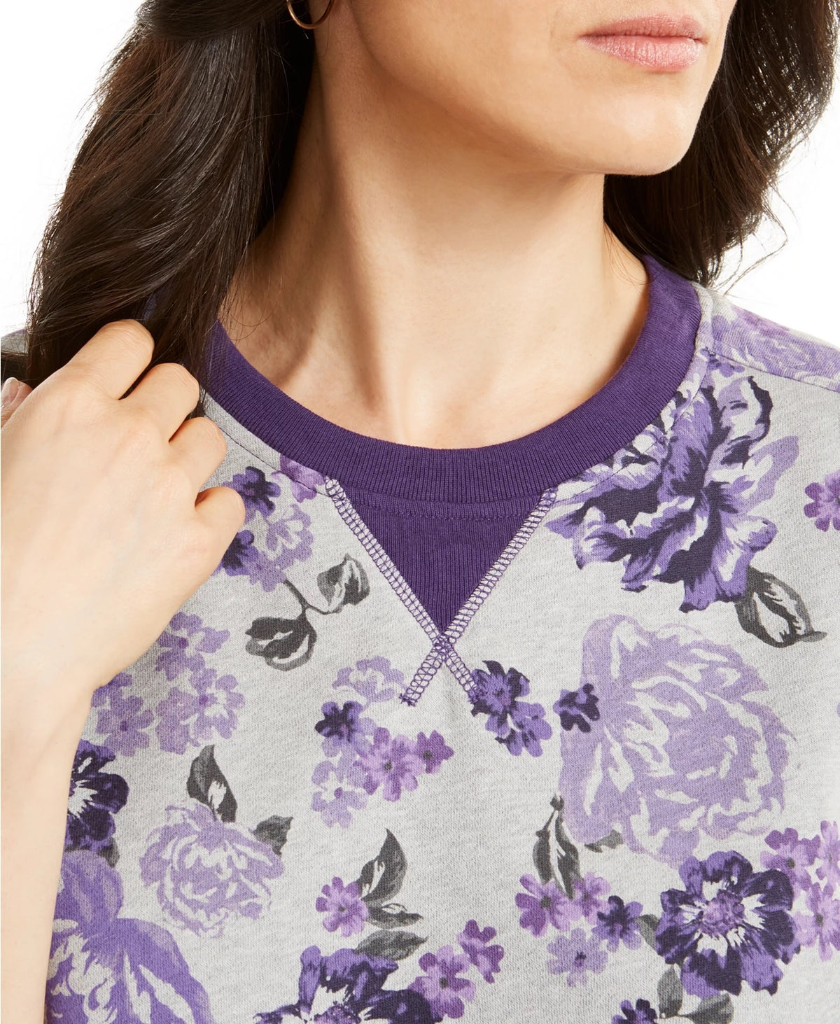 Karen Scott Women's Petite Printed Crewneck Sweatshirt  Gray Size Petite