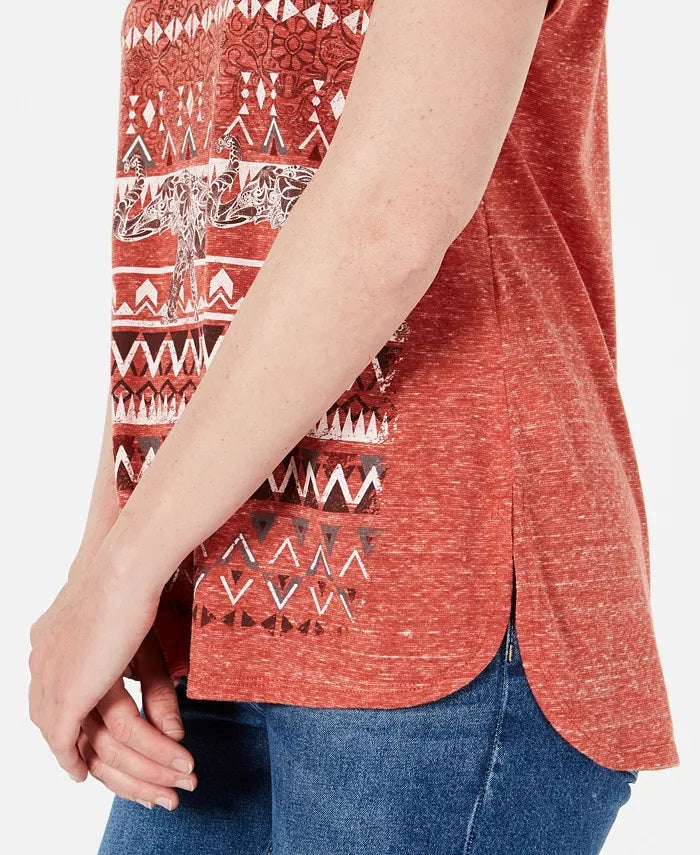 Style & Co Women's Graphic V-Neck Top Orange Size Extra Large