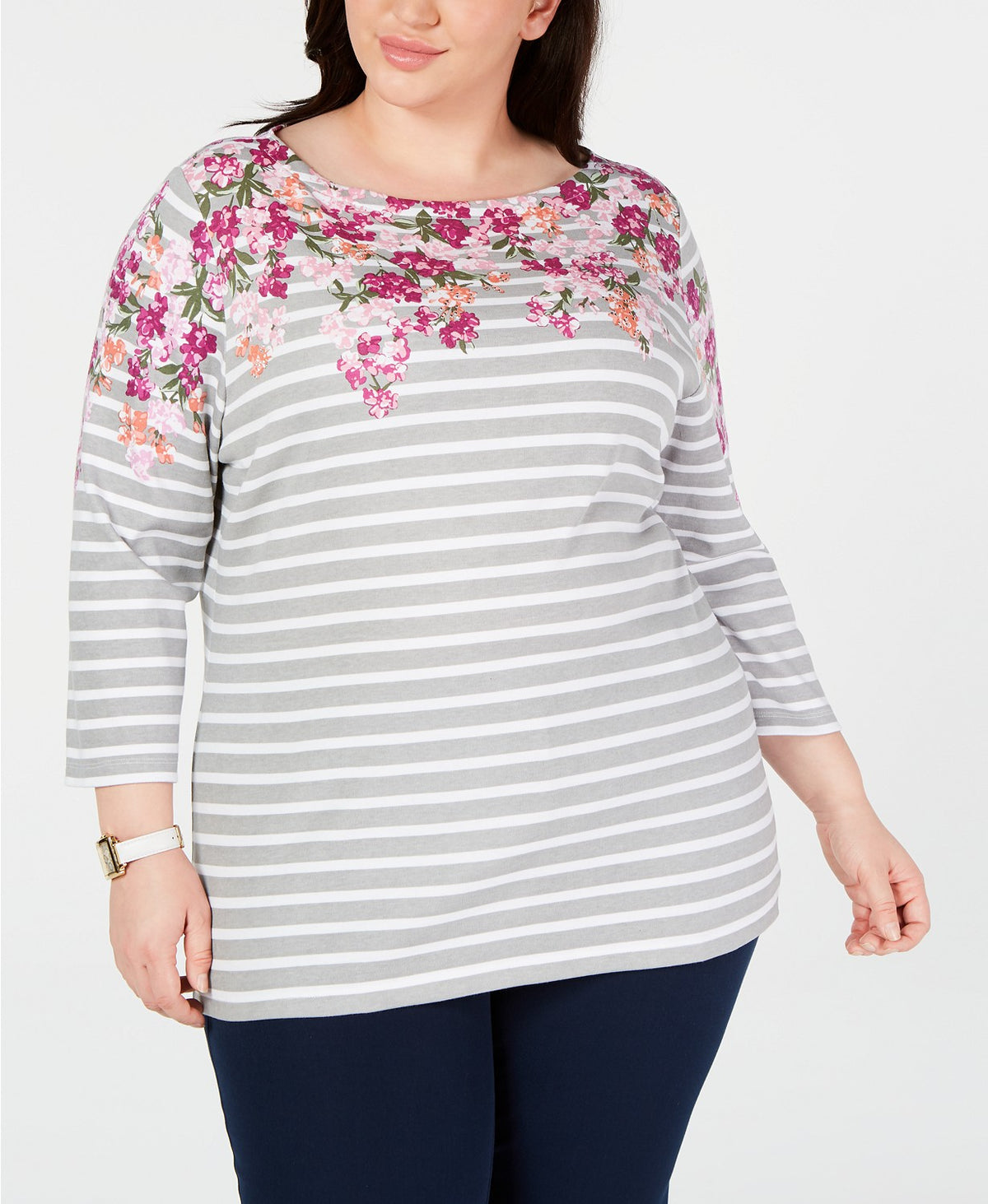 Karen Scott Women's Plus Size Mixed-Print 3/4-Sleeve Top Red Size 1X