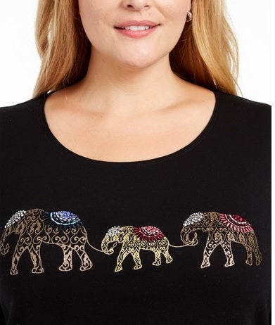 Karen Scott Women's Cotton Elephant Print Top Black Size 0X
