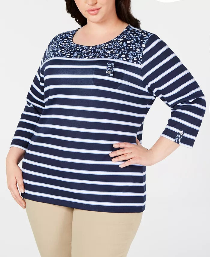 Karen Scott Women's Plus Size Printed 3/4-Sleeve Top Blue Size 2 Extra Large