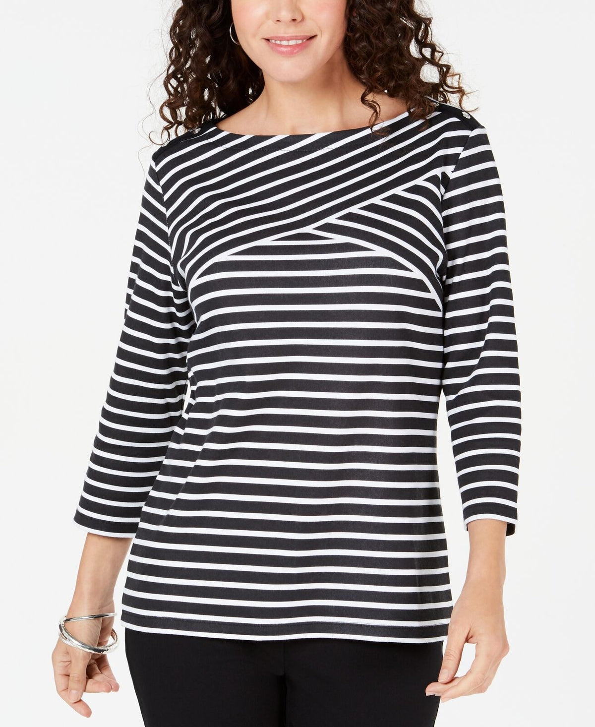 Karen Scott Women's Petite Striped Crossover Top Black Size Large Petite