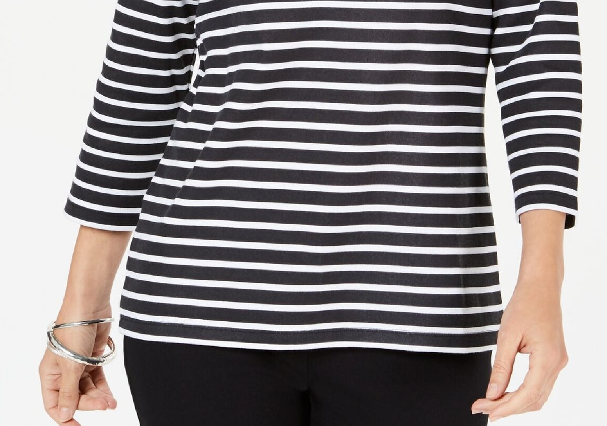 Karen Scott Women's Petite Striped Crossover Top Black Size Large Petite