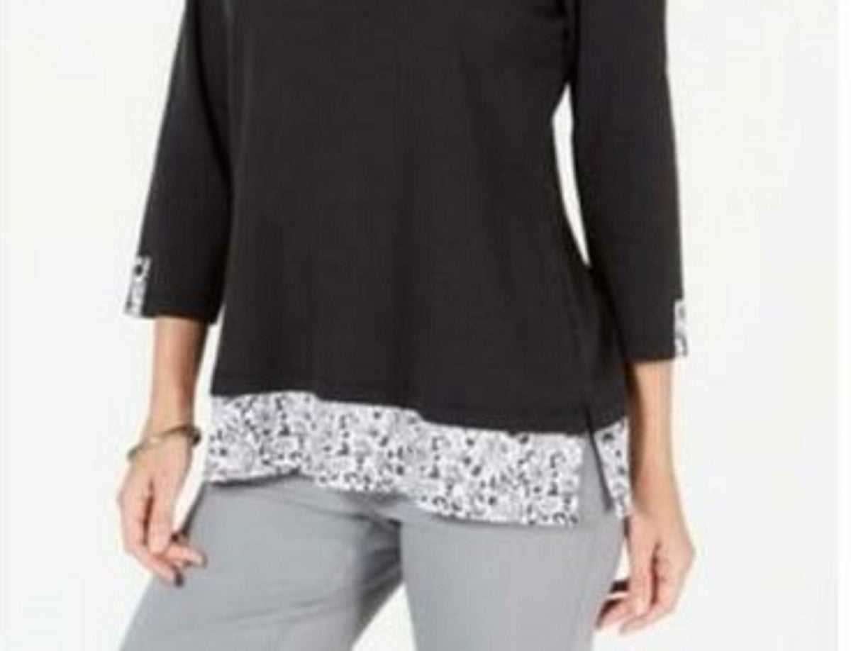 Karen Scott Women's Plus Size Printed-Hem 3/4-Sleeve Top  Black Size 1X