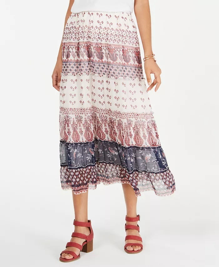 Style & Co Women's Tiered Mixed Print Midi Skirt Red Size Large