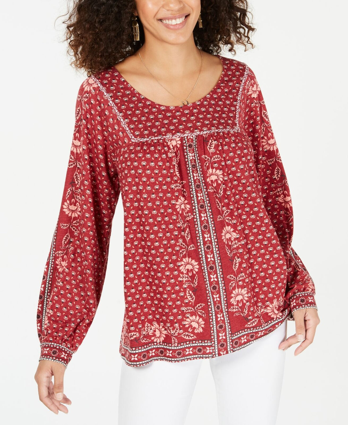 Style & Co Women's Cotton Blend Printed Peasant Knit Top Dark Red Size Medium