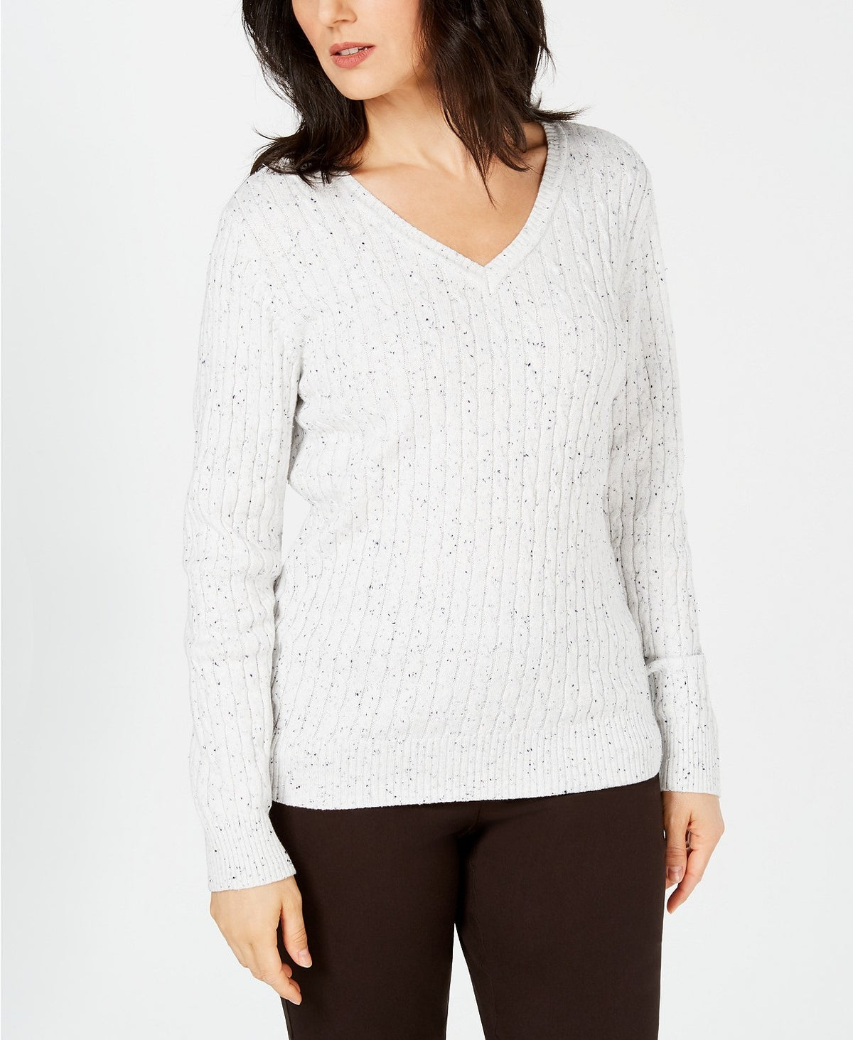 Karen Scott Women's Cotton V-Neck Cable-Knit Sweater White Size Large