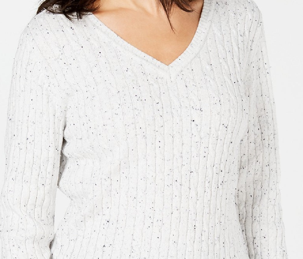 Karen Scott Women's Cotton V-Neck Cable-Knit Sweater White Size Large