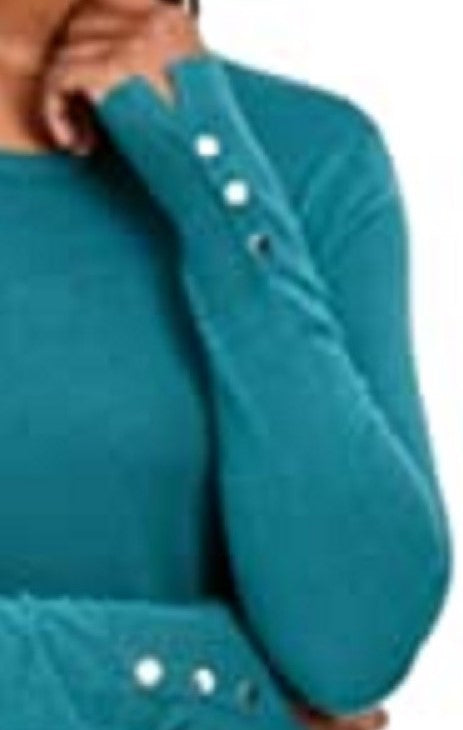 JM Collection Women's Petite Button-Cuff Crewneck Sweater Green Size Petite