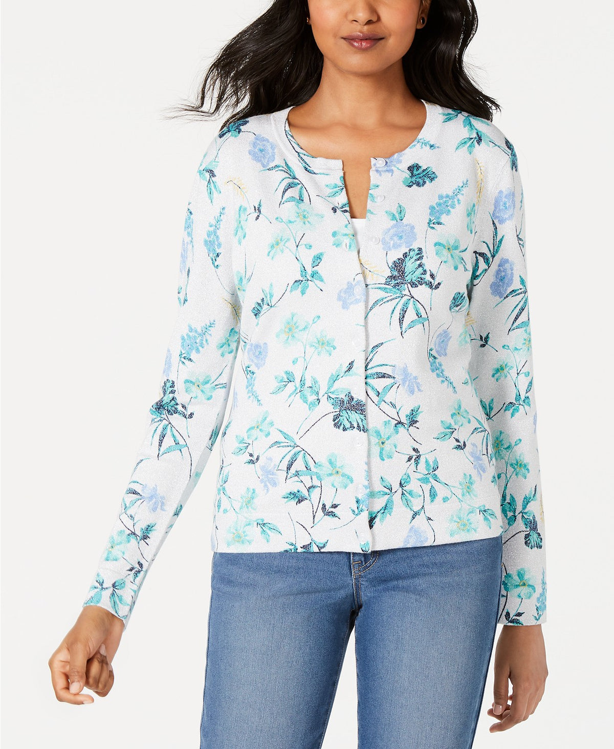 Charter Club Women's Floral-Print Cardigan White Size Small