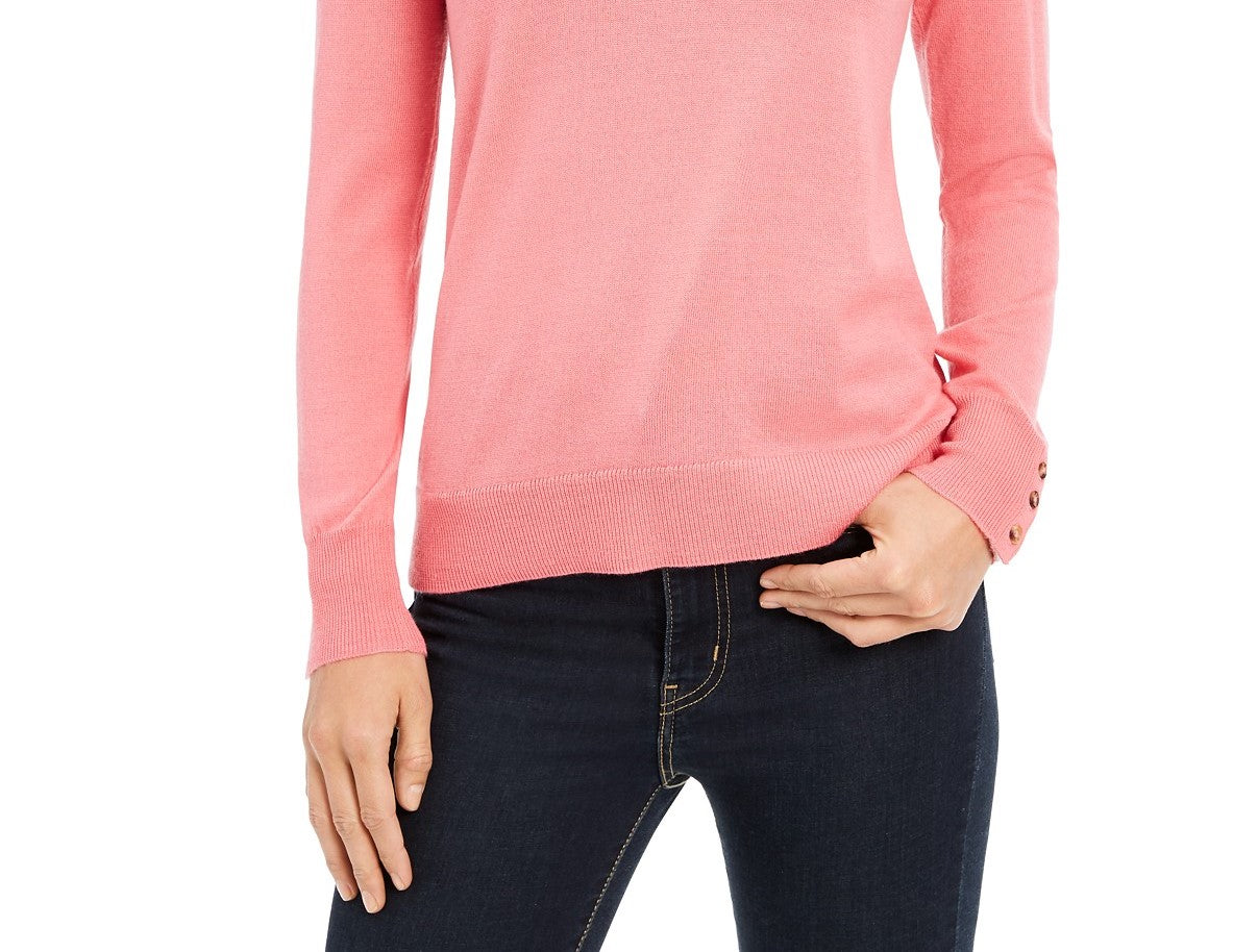Charter Club Women's Merino Wool Button-Cuff V-Neck Sweater  Pink Size Large