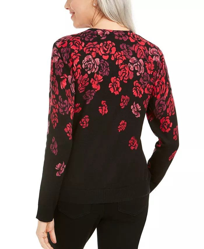 Karen Scott Women's Serenity Floral-Print Cardigan Medium Red Size Medium