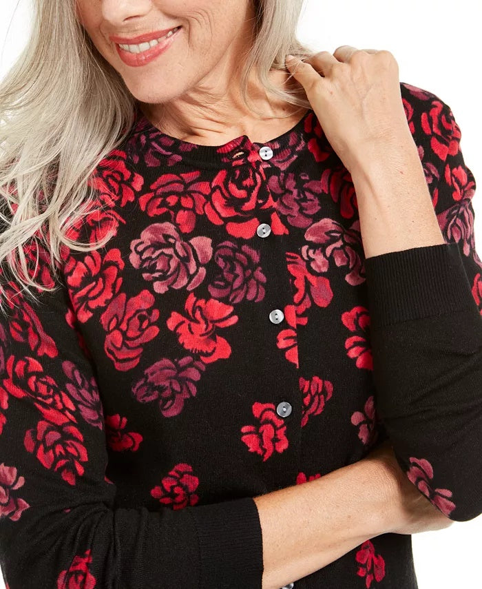 Karen Scott Women's Serenity Floral-Print Cardigan Medium Red Size Medium