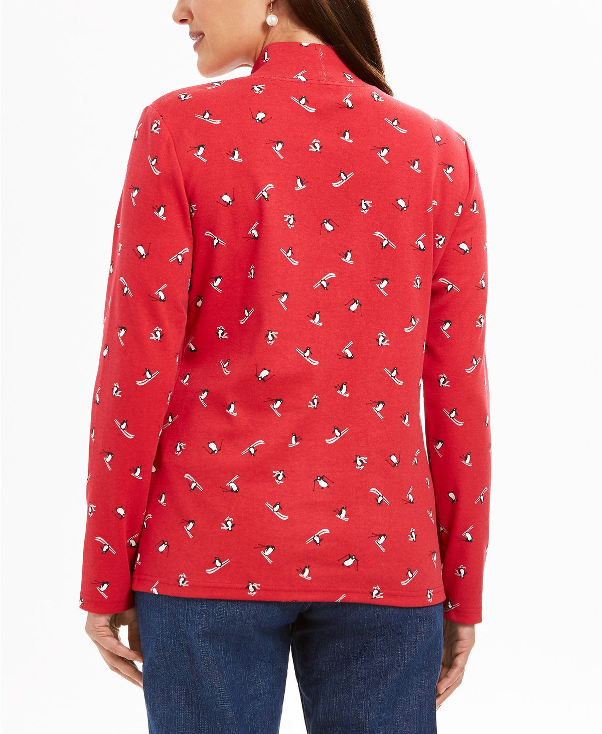 Karen Scott Women's Skiing Penguins Printed Mock-Neck Top  Red Size Large