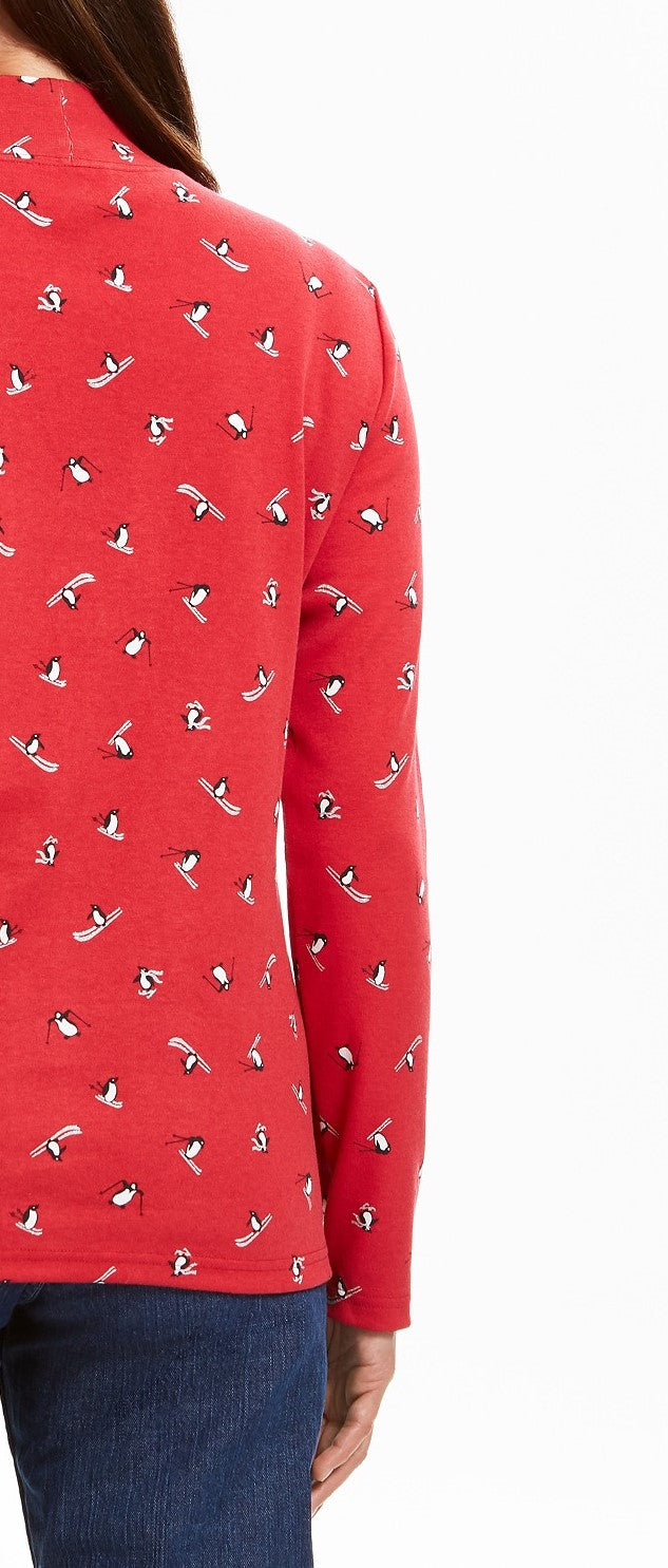 Karen Scott Women's Skiing Penguins Printed Mock-Neck Top  Red Size Large