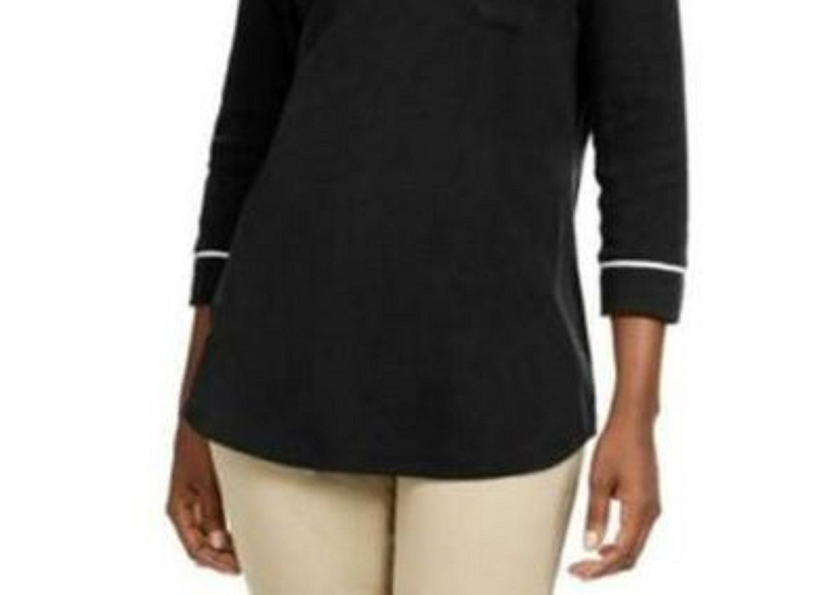 Karen Scott Women's Petite Piping-Trim T-Shirt Black Size Medium