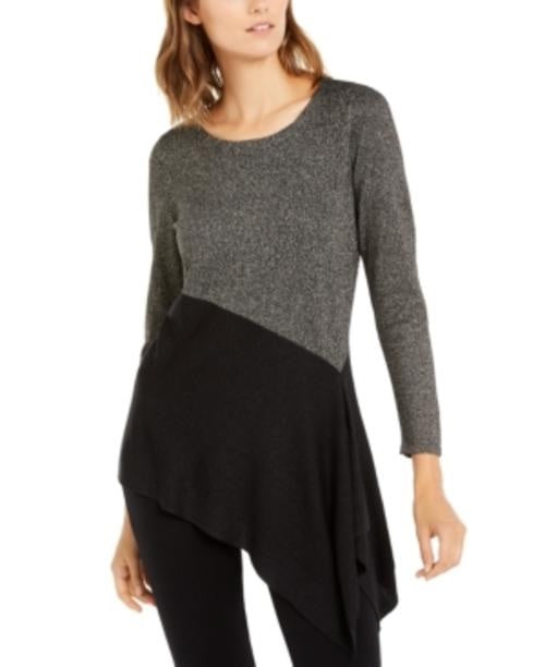 Alfani Women's Asymmetrical Colorblocked Shimmer Top Deep Black Gold Size Large