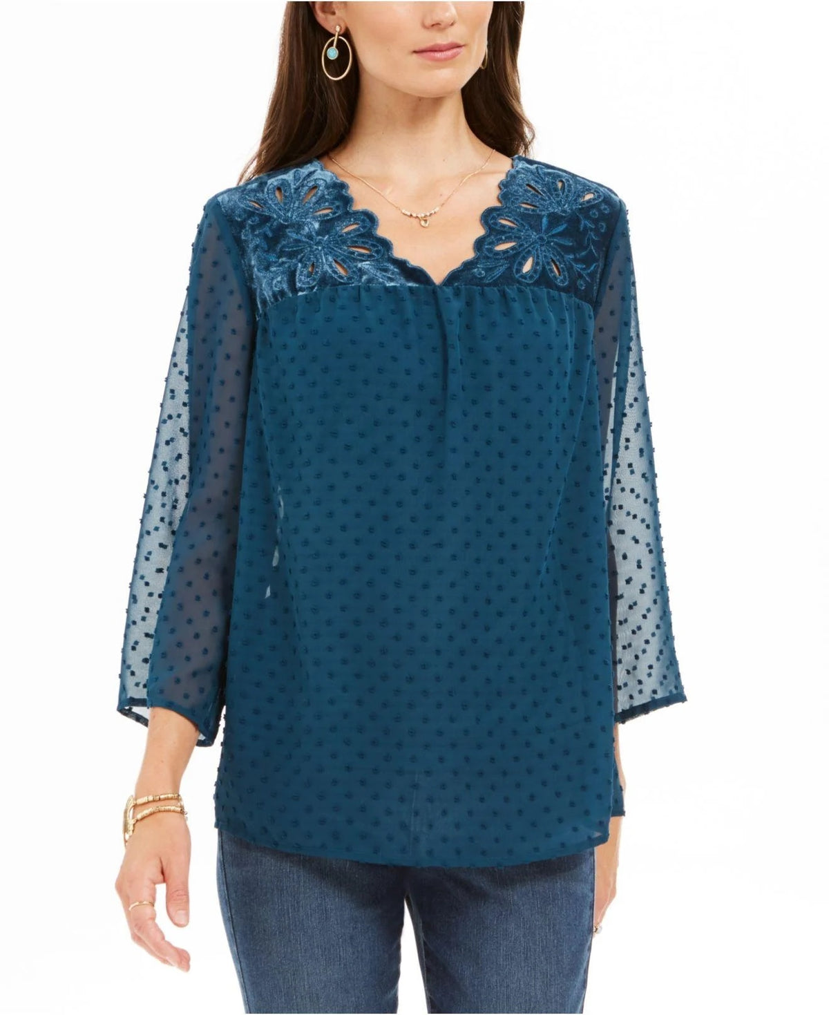 Style & Co Women's Mixed-Media Sheer-Sleeve Blouse Blue Size XX-Large