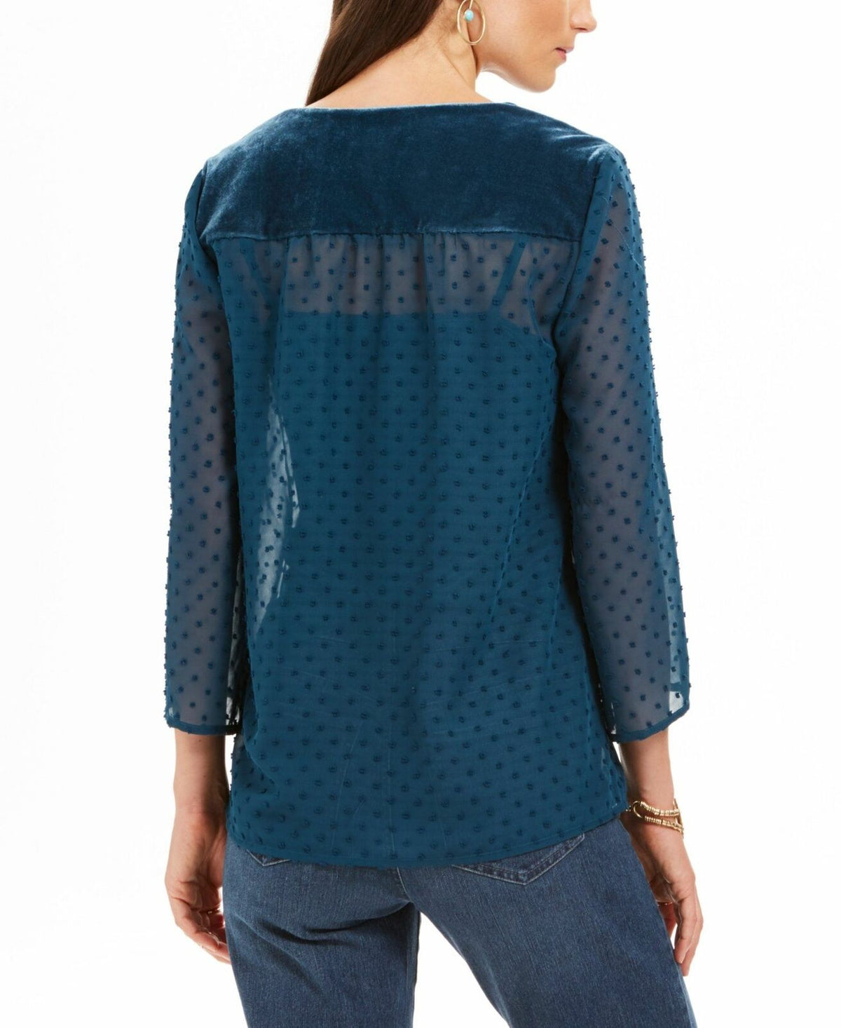Style & Co Women's Mixed-Media Sheer-Sleeve Blouse Green Size Small