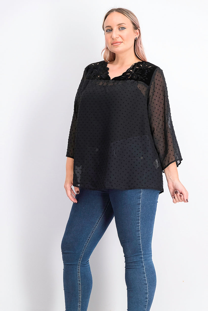 Style & Co Women's Plus Size Swiss-Dot Velvet-Yoke Top Black Size 2X