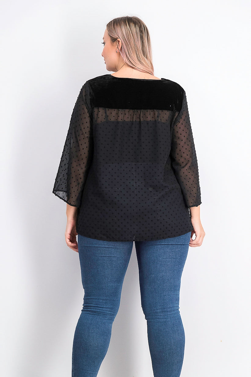 Style & Co Women's Plus Size Swiss-Dot Velvet-Yoke Top Black Size 2X