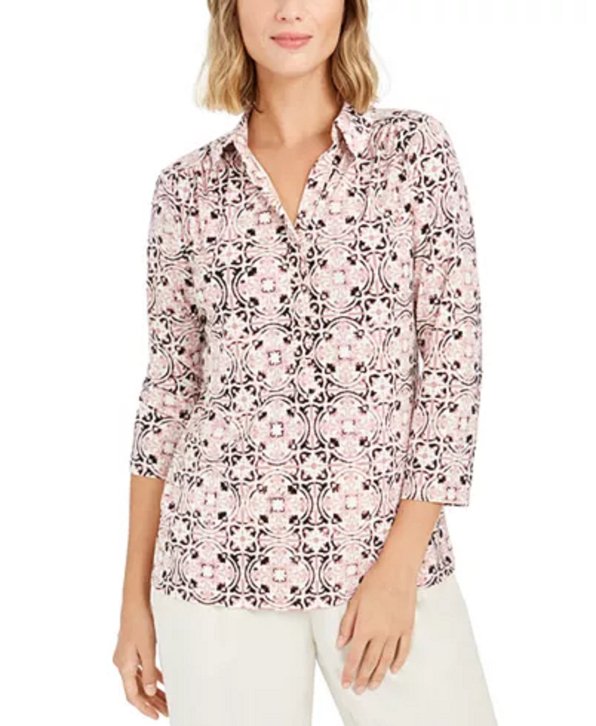 Charter Club Women's 3/4 Sleeve Printed Polo Top Pink Size Small