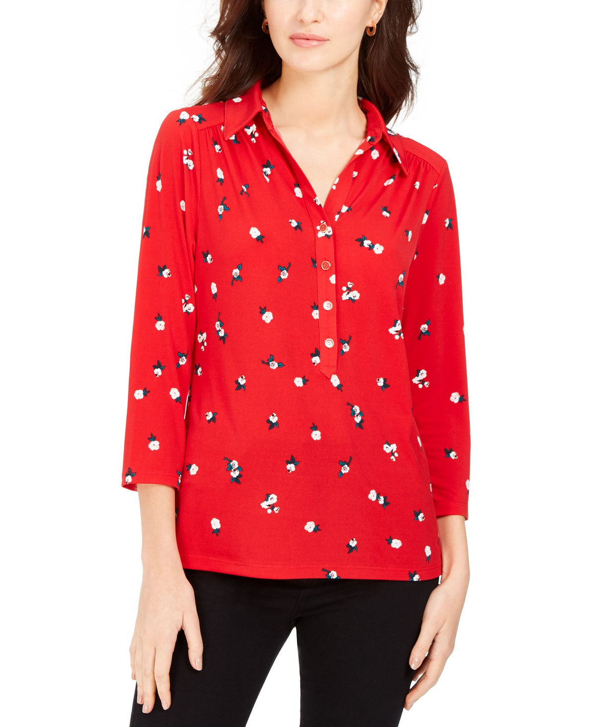 Charter Club Women's 3/4 Sleeve Printed Polo Top Red Size Medium