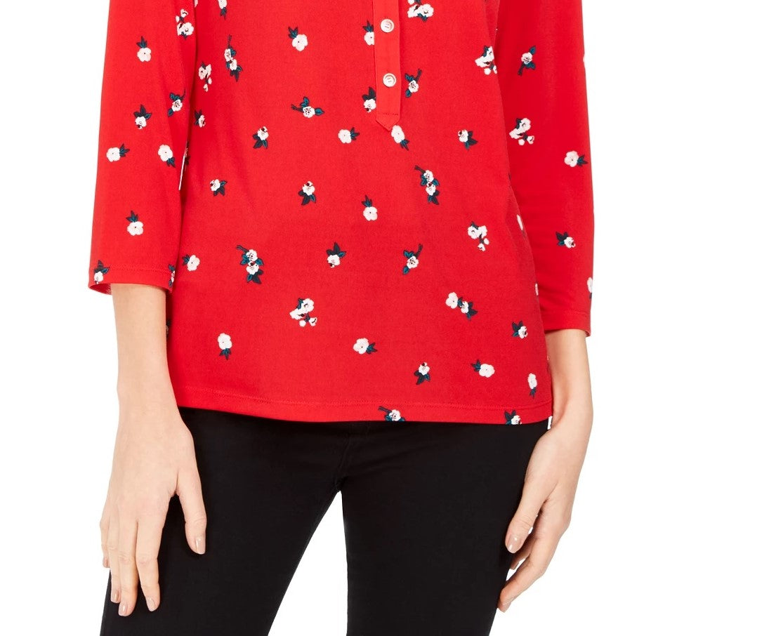 Charter Club Women's 3/4 Sleeve Printed Polo Top Red Size Extra Large