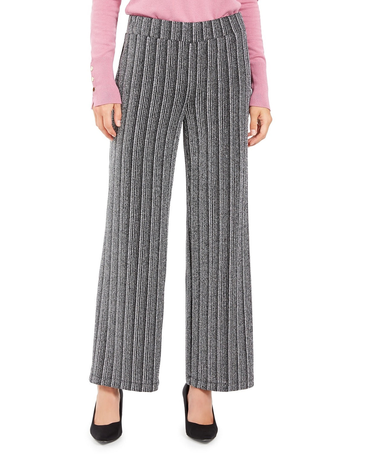 JM Collection Women's Petite Metallic Wide-Leg Pants Black Size Large