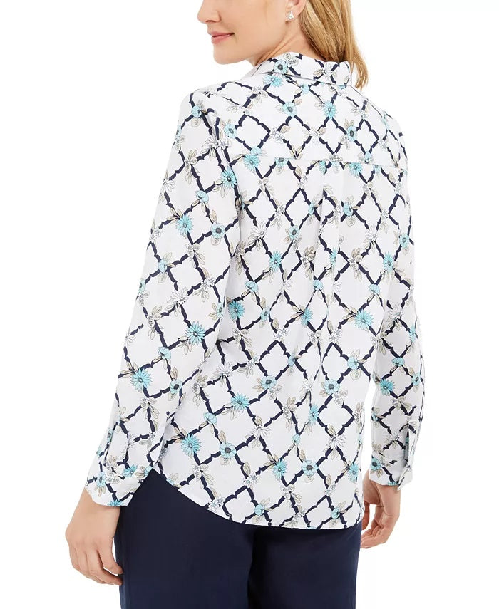 Charter Club Women's Printed Linen-Blend Shirt White Size 2 Extra Large