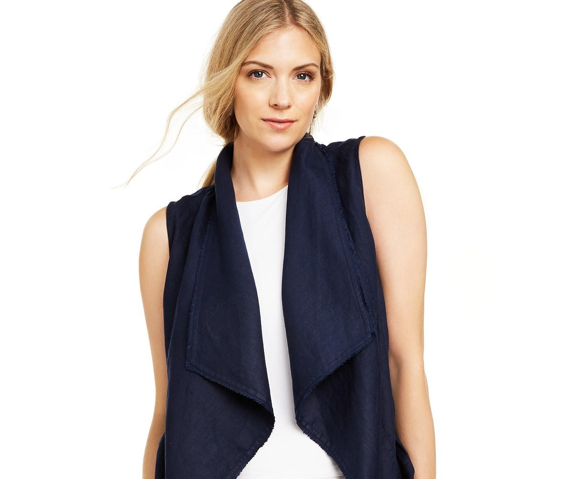 Charter Club Women's Frayed-Trim Linen-Blend Draped Vest  Blue Size Extra Large