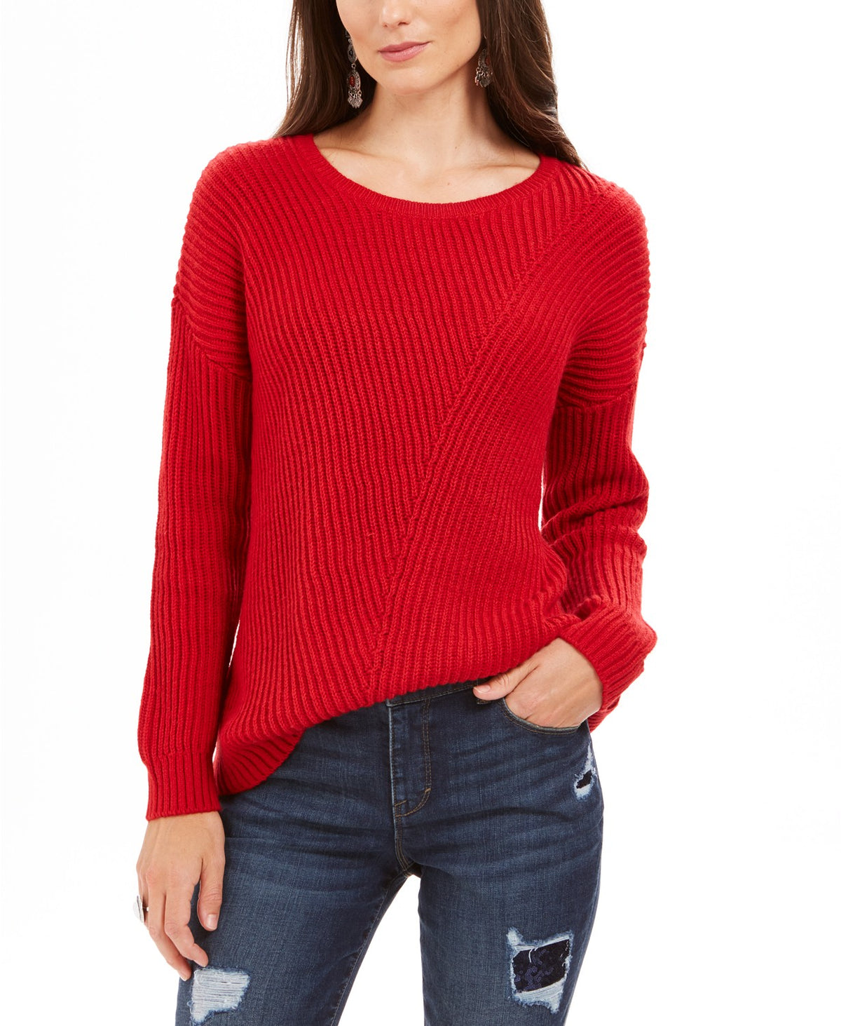 Style & Co Women's Ribbed Drop-Shoulder Sweater  Red Size Large