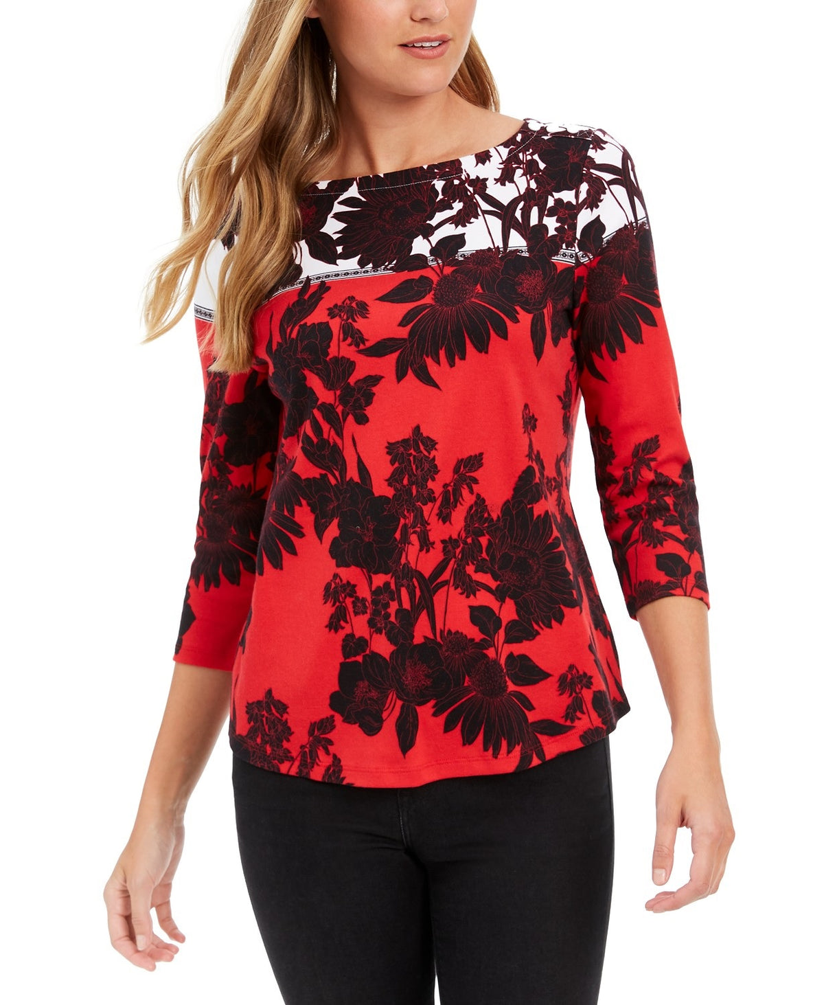 Charter Club Women's Pima Cotton Printed Colorblocked Top Red Size Medium