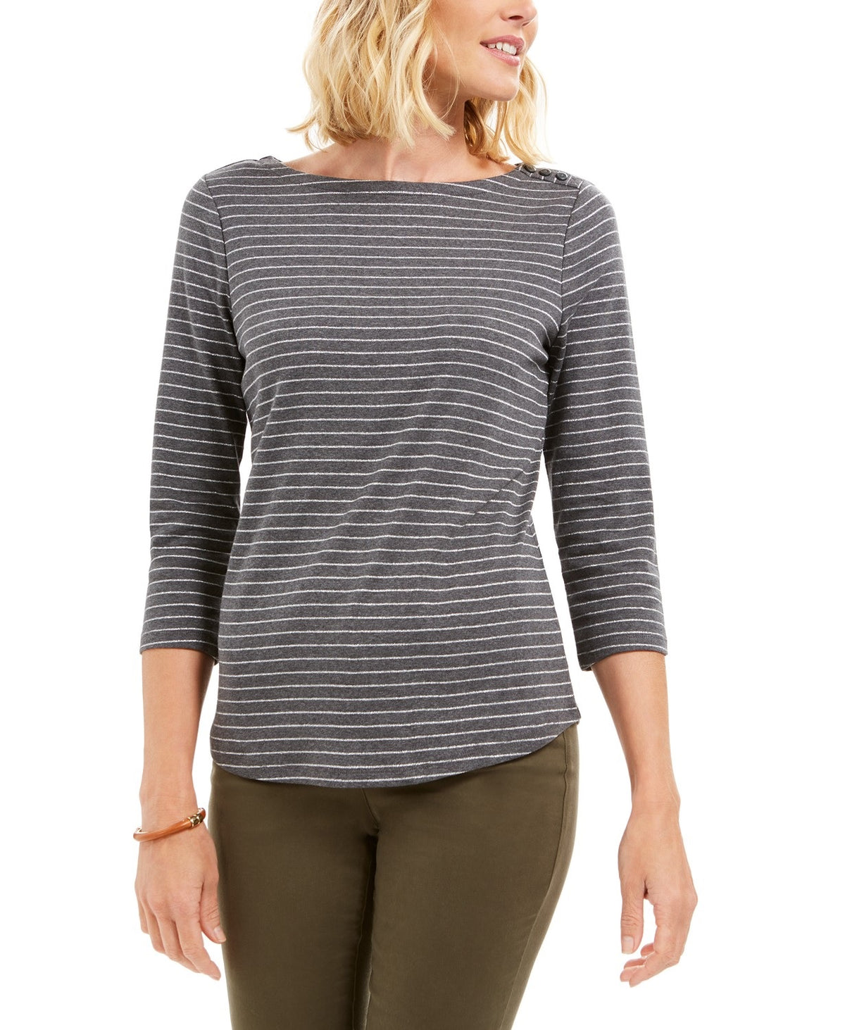 Charter Club Women's Petite Metallic Striped Top Gray Size Medium