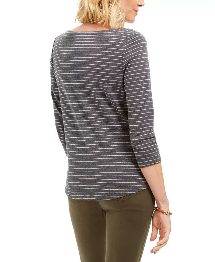Charter Club Women's Petite Metallic Striped Top Gray Size Medium