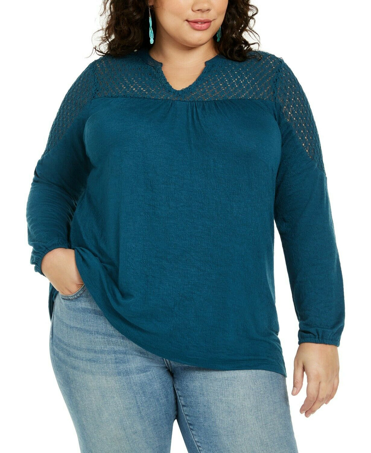 Style & Co Women's Plus Long Sleeve Crochet-Trim Top Teal Size 1X