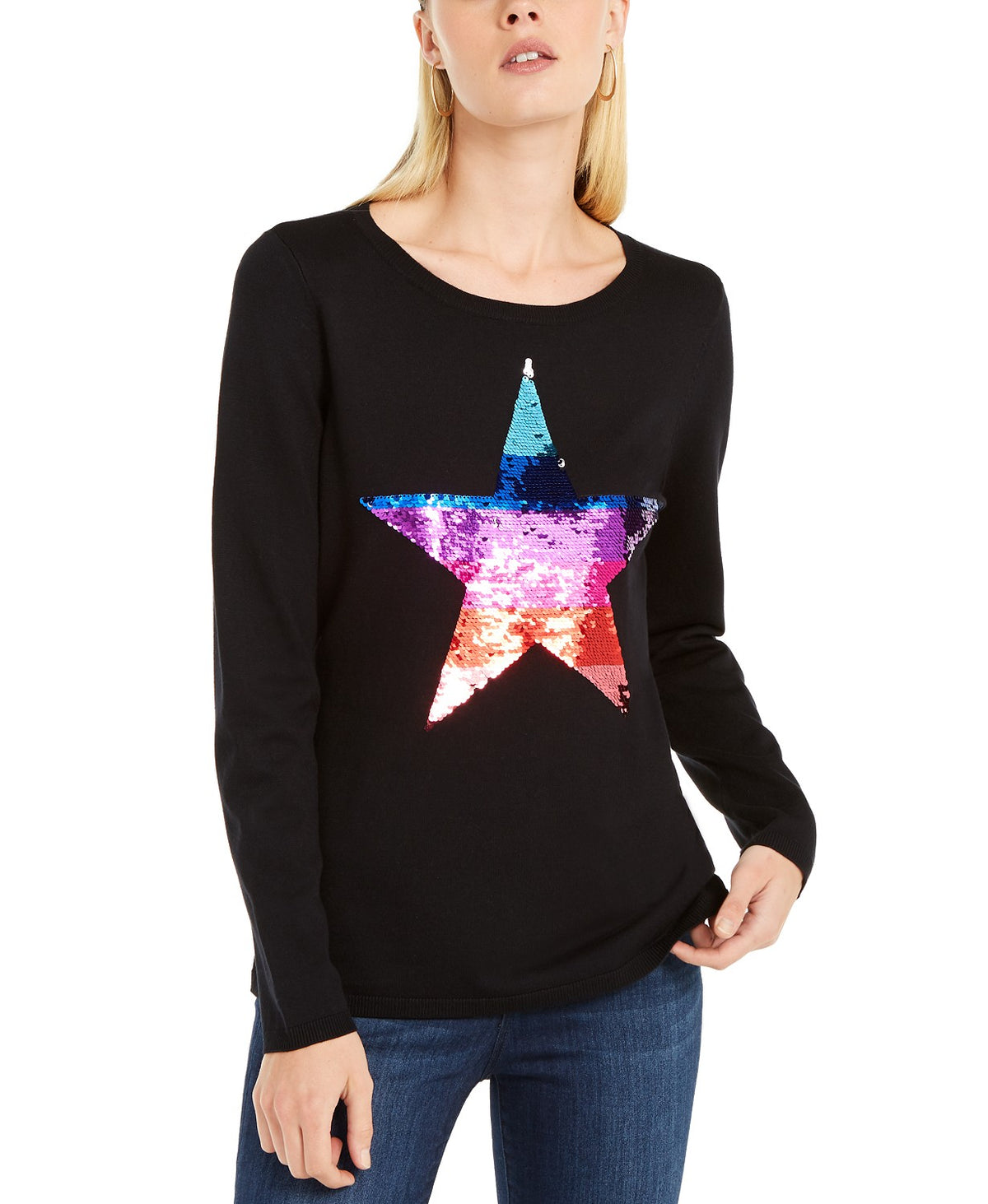 INC International Concepts Women's Sequin Star Sweater Black Size Extra Large