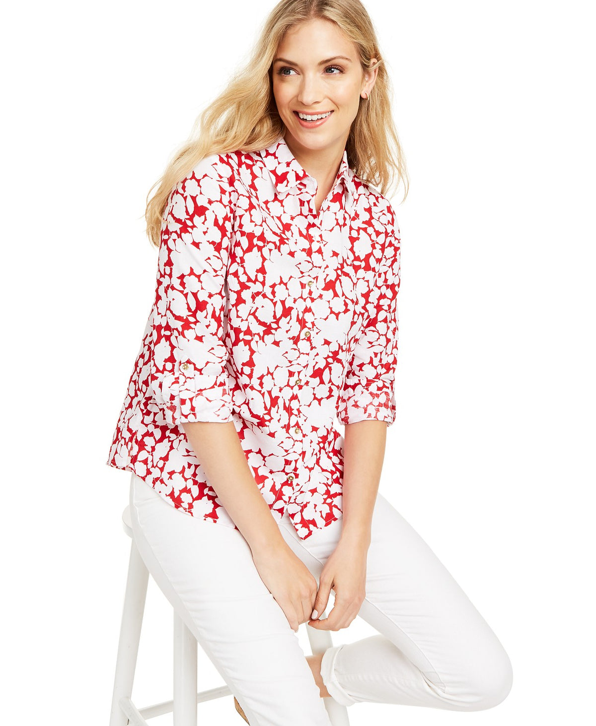 Charter Club Women's Printed Roll-Sleeve Linen-Blend Top Red Size S