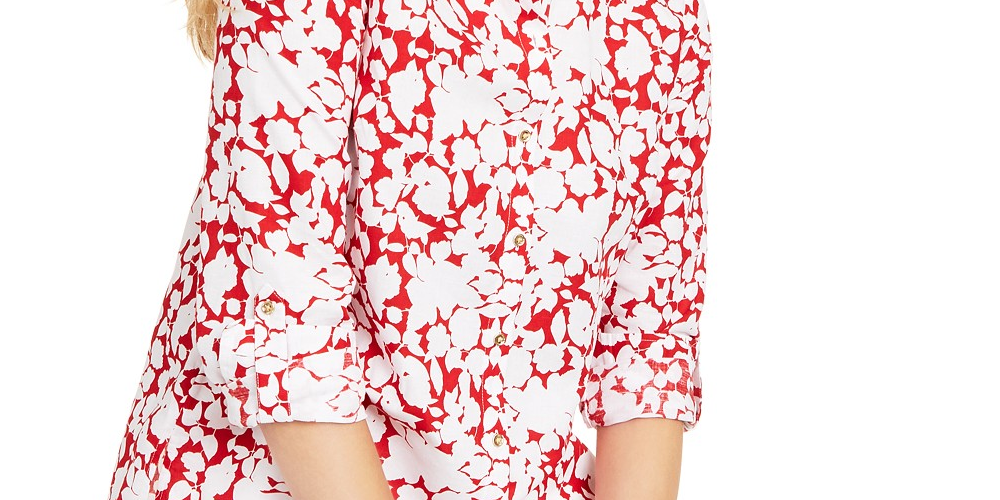 Charter Club Women's Printed Roll-Sleeve Linen-Blend Top Red Size S