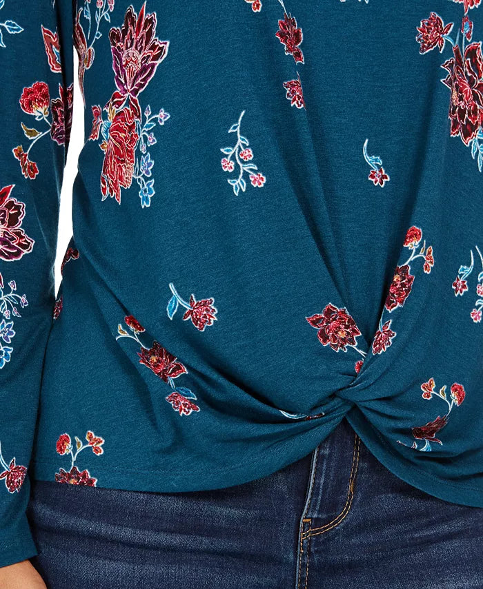 Style & Co Women's Floral-Print Twist-Hem Top Holiday Garden Size Large