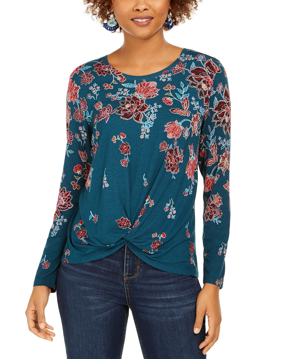 Style & Co Women's Floral-Print Twist-Hem Top Holiday Garden Size Large
