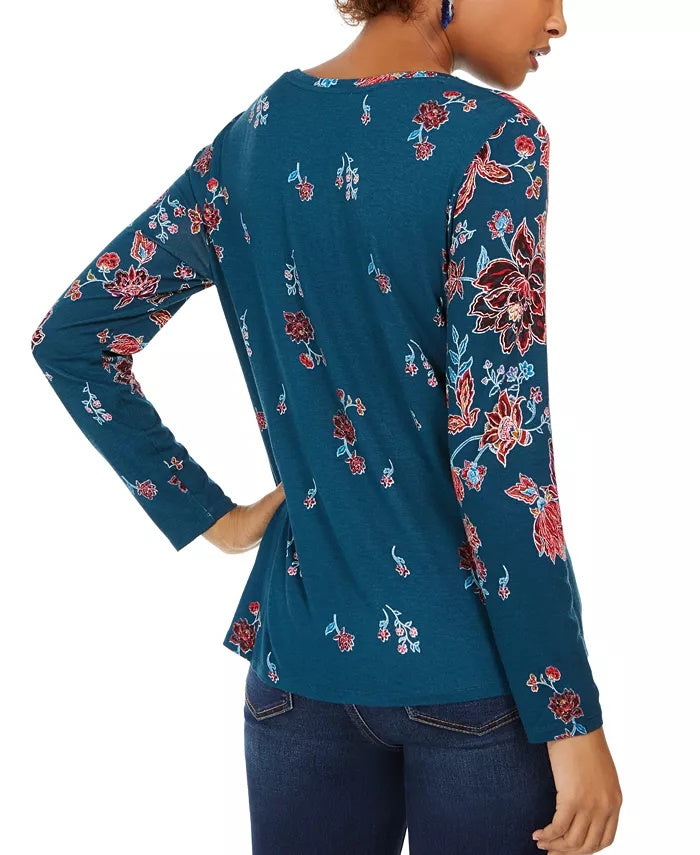Style & Co Women's Floral-Print Twist-Hem Top Holiday Garden Size Large
