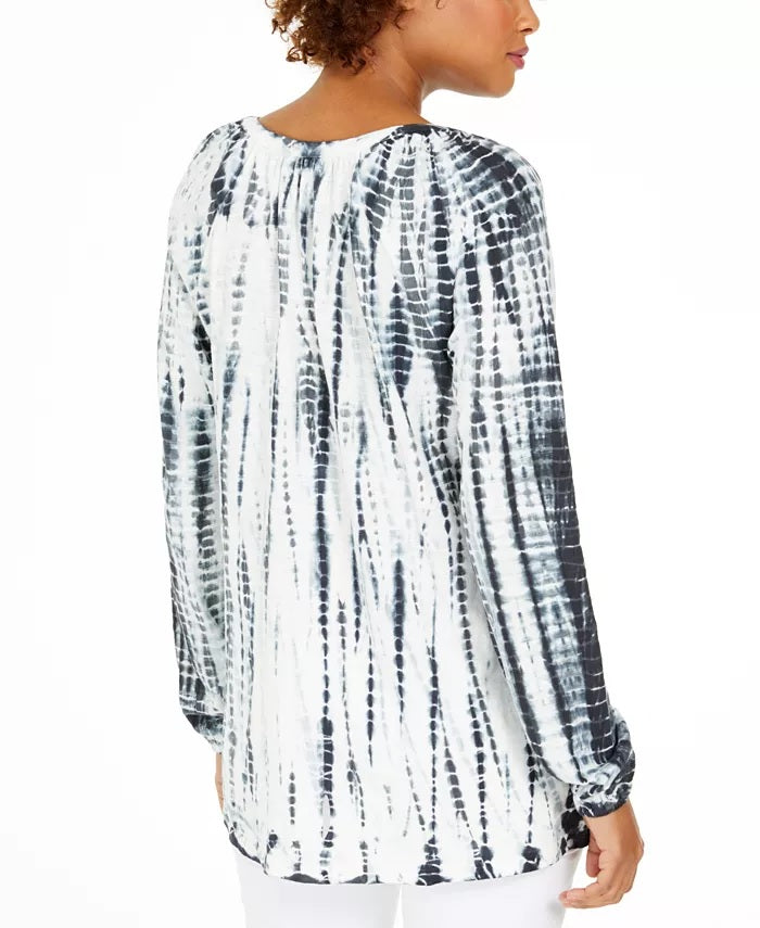 Style & Co Women's Tie Dyed Bubble Sleeve Peasant Top Black Size X-Small