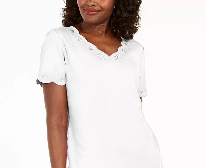 Karen Scott Women's Cotton Scalloped V-Neck T-Shirt White Size XX Large