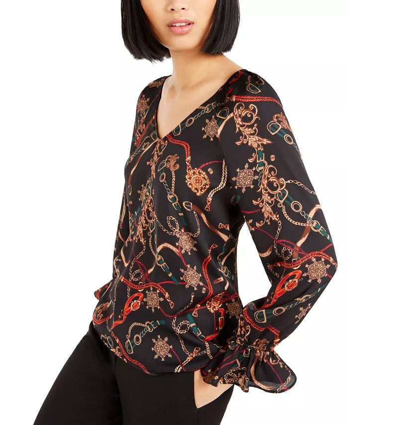Bar III Women's Printed V-Neck Top Charcoal Size X-Small