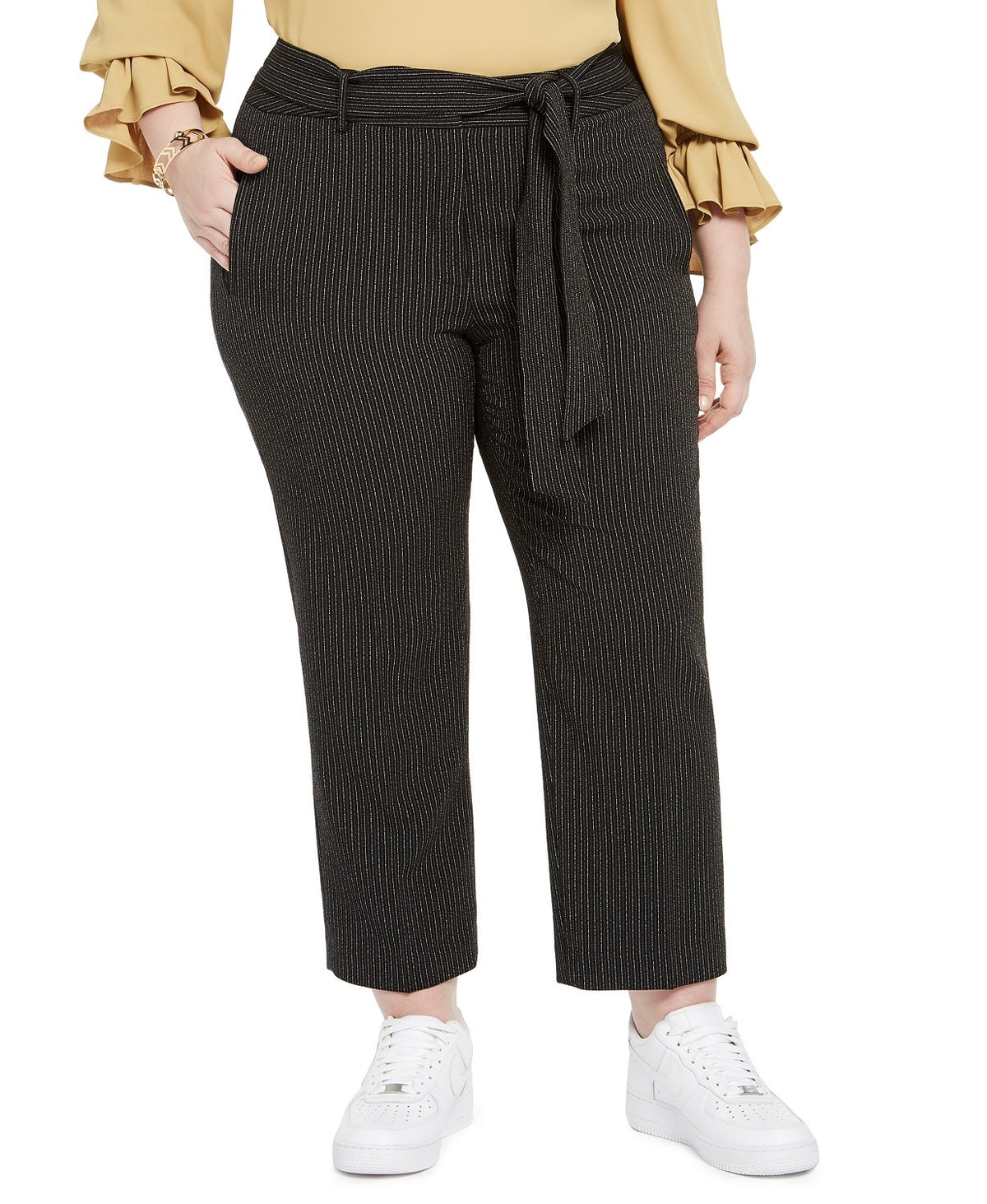 Bar III Women's Trendy Plus Size Striped Tie-Waist Pants Black Size 16 W