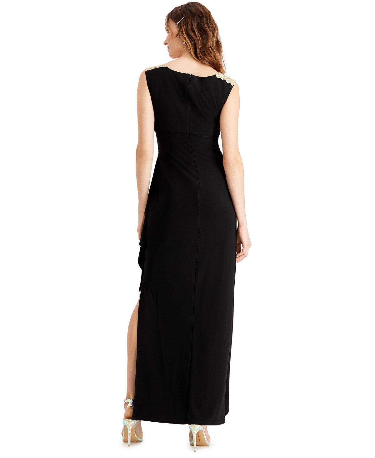Alex Evenings Women's Embroidered Side Ruched Gown Black Gold Size 4