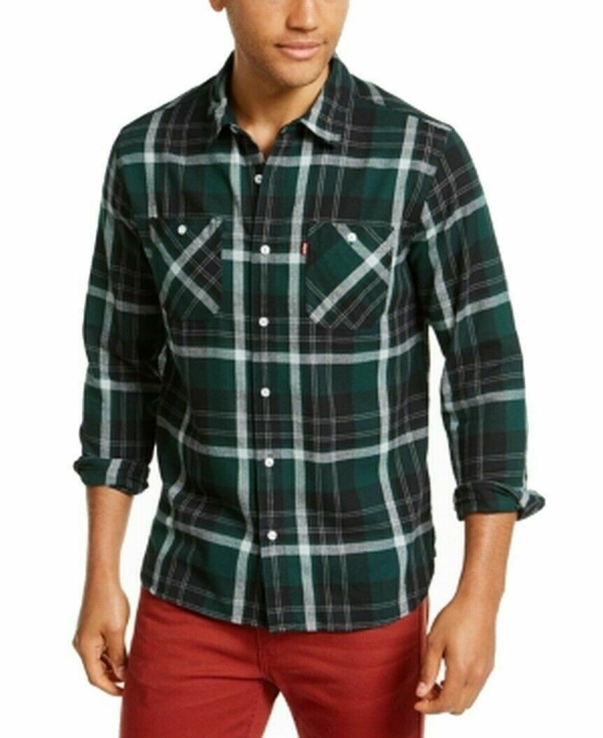 Levi's Men's Dual Pocket Plaid Flannel Shirt Green Size X-Large