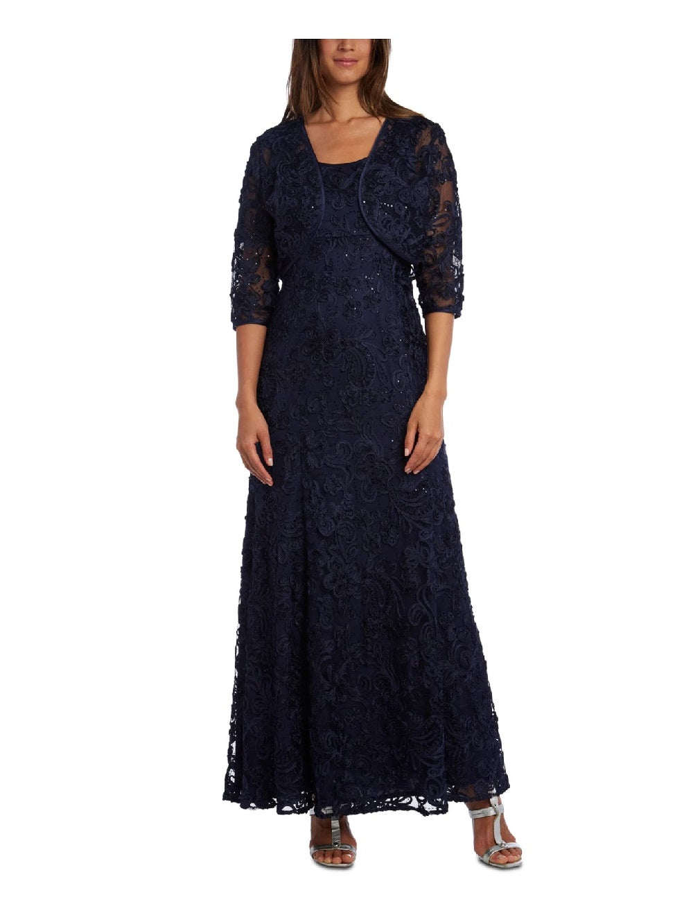 R & M Richards Women's Embellished Soutache Gown & Bolero Jacket Navy Size 12